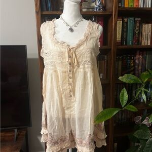 Free People Cream Lace-Trim Sleeveless Button romper
